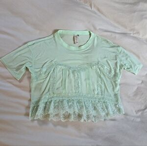 Dolan Left Coast Mint Lace-Trim Cropped Tee Size Medium Sheer